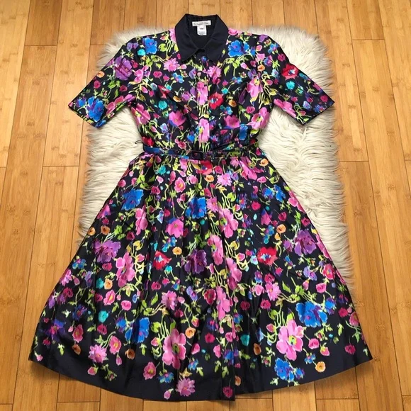 Oscar de la Renta Taffeta Fit & Flare Multicolor Floral Silk Blend Midi Dress 0 - Picture 2 of 16